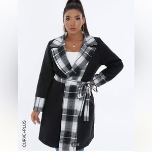 Constrast Plaid Belted Coat